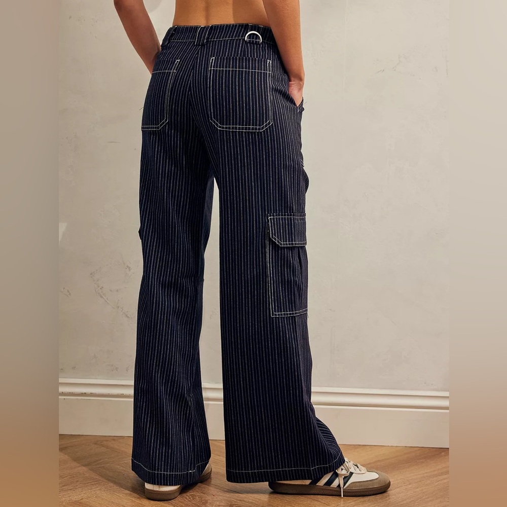 UO Y2K Punk Cargo Trousers White Striped Wide Leg Pants Jeans OBO - Picture 2 of 11